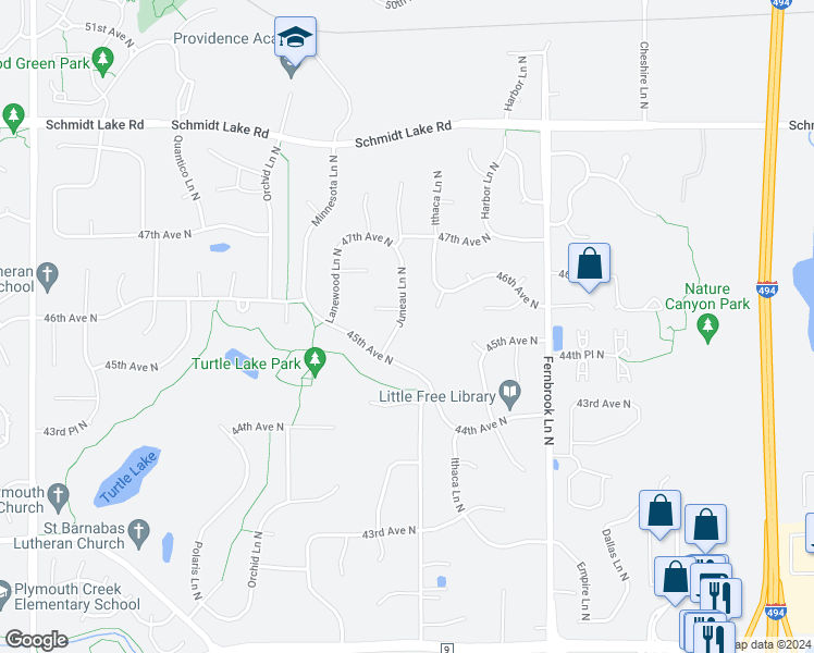 map of restaurants, bars, coffee shops, grocery stores, and more near 4520 Juneau Lane North in Plymouth