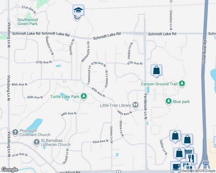 map of restaurants, bars, coffee shops, grocery stores, and more near 4520 Juneau Lane North in Plymouth