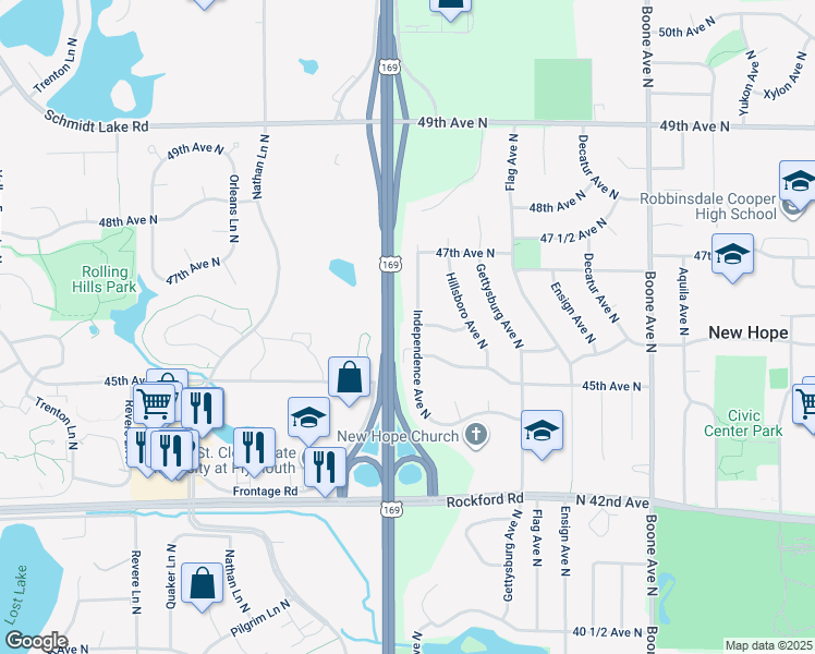 map of restaurants, bars, coffee shops, grocery stores, and more near 4601 Independence Avenue North in Minneapolis