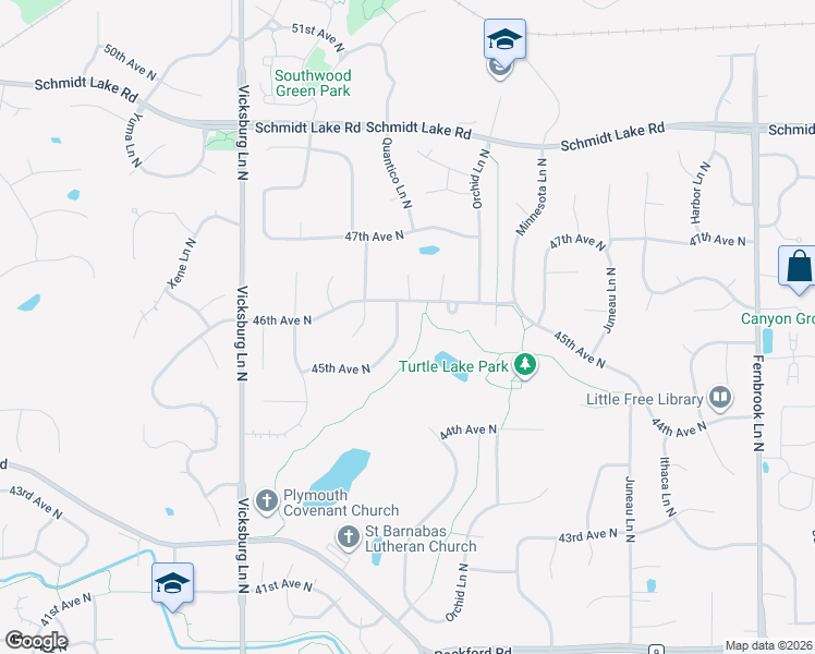 map of restaurants, bars, coffee shops, grocery stores, and more near 4532 Quantico Lane North in Plymouth