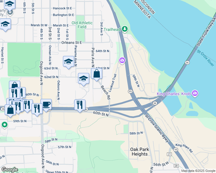 map of restaurants, bars, coffee shops, grocery stores, and more near 6124 Beach Road in Stillwater