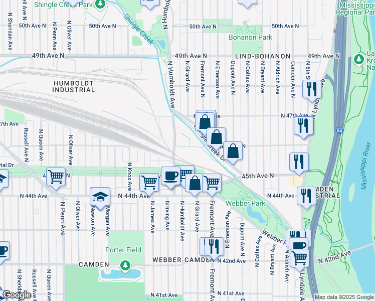 map of restaurants, bars, coffee shops, grocery stores, and more near 4520 North Humboldt Avenue in Minneapolis