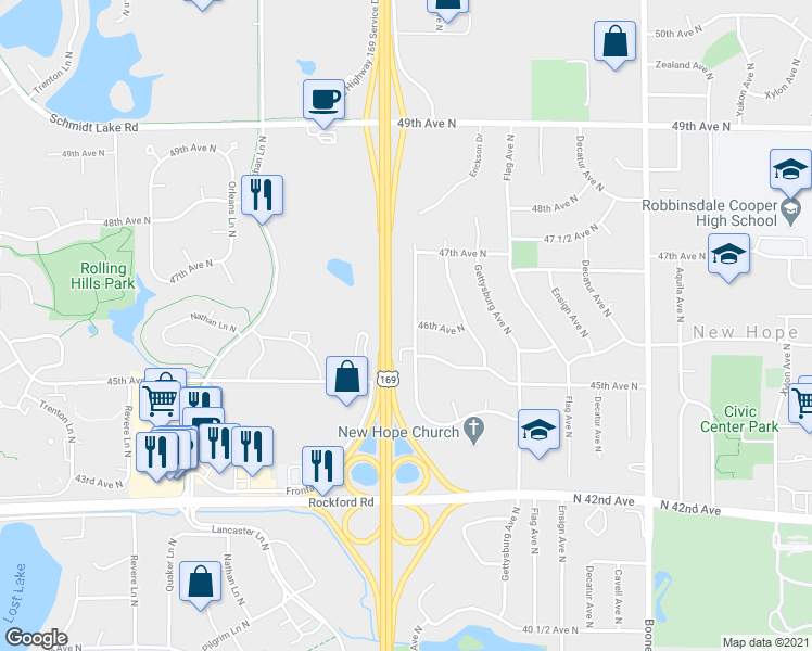 map of restaurants, bars, coffee shops, grocery stores, and more near 4471 Independence Avenue North in Minneapolis
