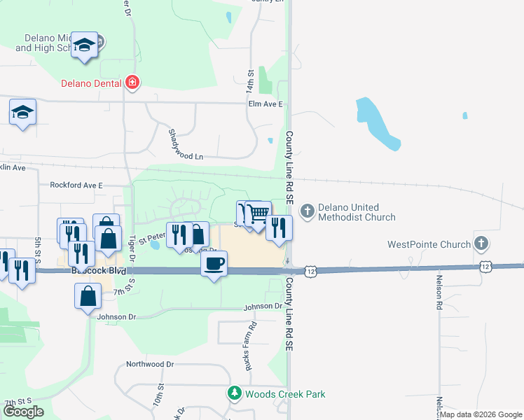 map of restaurants, bars, coffee shops, grocery stores, and more near 1460 Saint Peter Avenue East in Delano