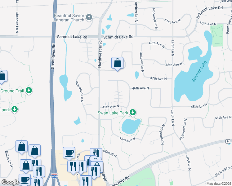 map of restaurants, bars, coffee shops, grocery stores, and more near 4529 Rosewood Lane North in Plymouth