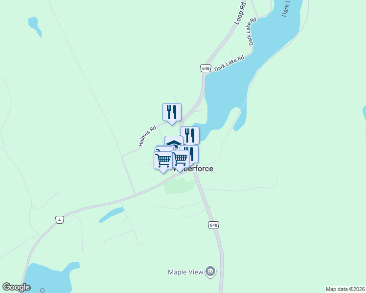 map of restaurants, bars, coffee shops, grocery stores, and more near 2293 Haliburton County Road 648 in Wilberforce