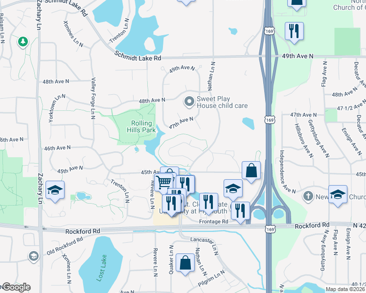 map of restaurants, bars, coffee shops, grocery stores, and more near 4545 Nathan Lane North in Plymouth