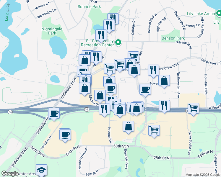 map of restaurants, bars, coffee shops, grocery stores, and more near 1801 Market Drive in Stillwater