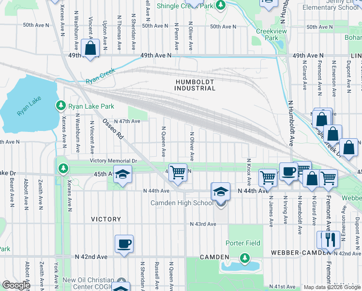map of restaurants, bars, coffee shops, grocery stores, and more near 4614 North Penn Avenue in Minneapolis
