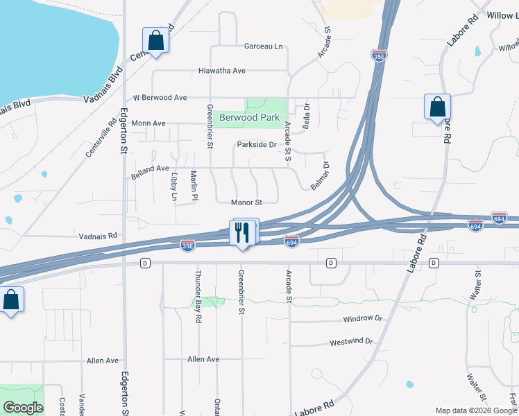 map of restaurants, bars, coffee shops, grocery stores, and more near 3231 Ridgewood Avenue in Vadnais Heights