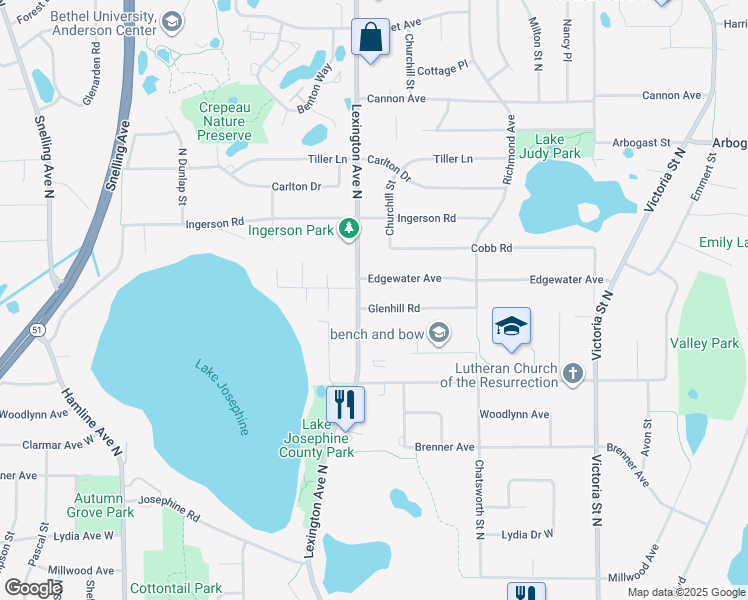 map of restaurants, bars, coffee shops, grocery stores, and more near 3235 Lexington Avenue North in Arden Hills