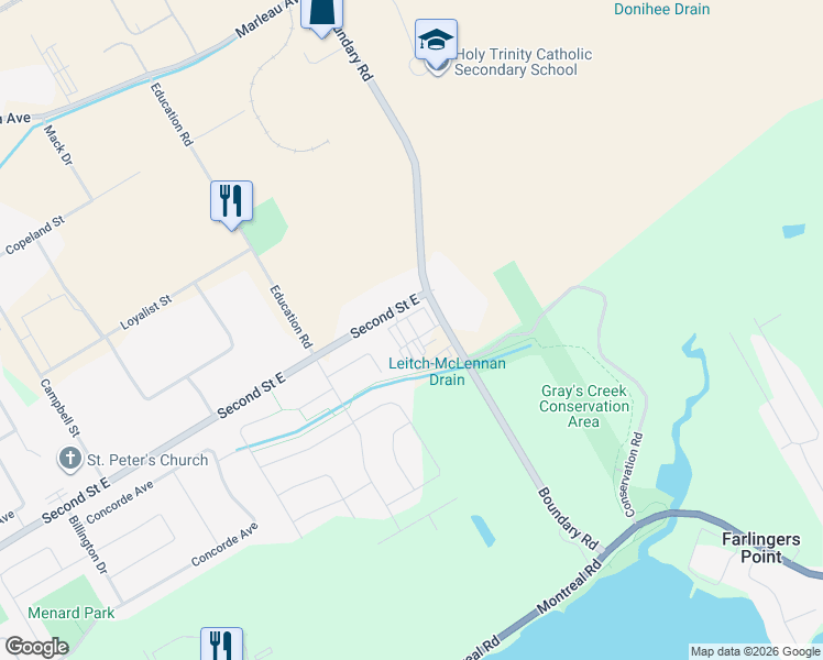 map of restaurants, bars, coffee shops, grocery stores, and more near 3345 Second Street East in Cornwall
