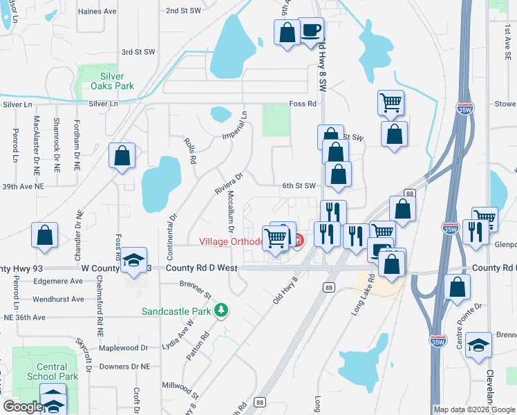 map of restaurants, bars, coffee shops, grocery stores, and more near 1000 County Road D West in New Brighton
