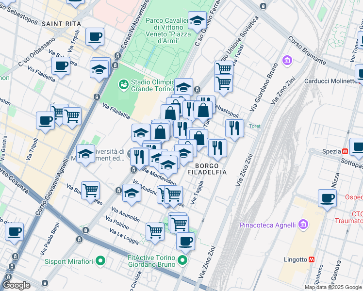 map of restaurants, bars, coffee shops, grocery stores, and more near 55 Via Filadelfia in Torino