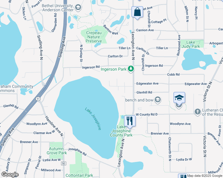 map of restaurants, bars, coffee shops, grocery stores, and more near 1159 Edgewater Avenue in Arden Hills