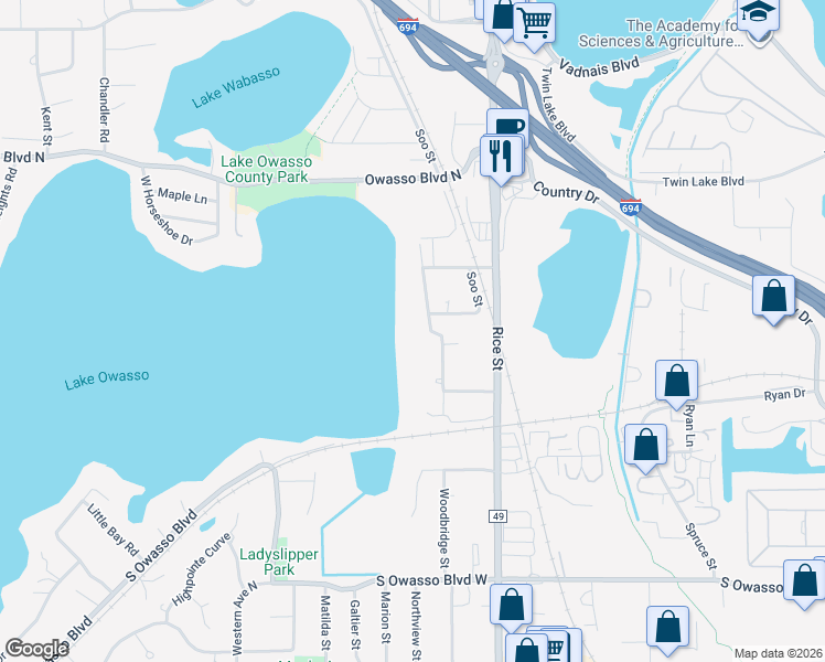map of restaurants, bars, coffee shops, grocery stores, and more near 3225 Woodbridge Street in Shoreview