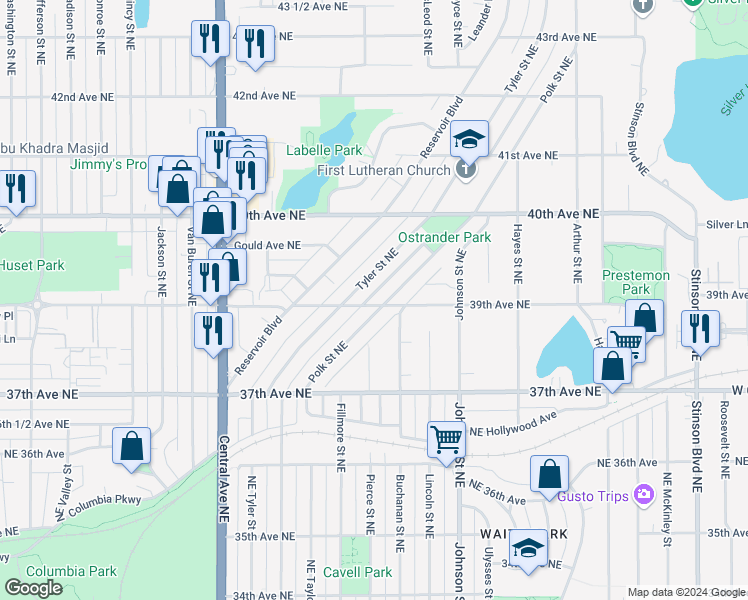 map of restaurants, bars, coffee shops, grocery stores, and more near 3922 Tyler Street Northeast in Minneapolis