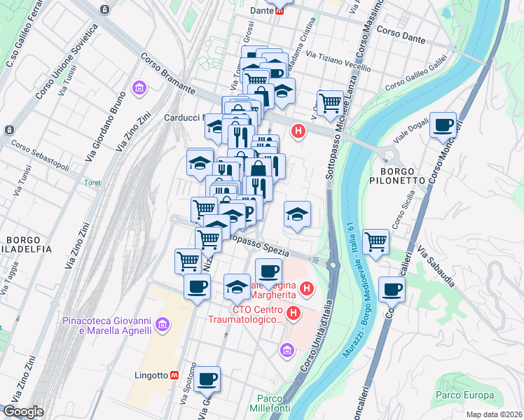 map of restaurants, bars, coffee shops, grocery stores, and more near 13 Via Cherasco in Torino