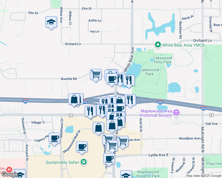 map of restaurants, bars, coffee shops, grocery stores, and more near 3201 White Bear Avenue in White Bear Lake