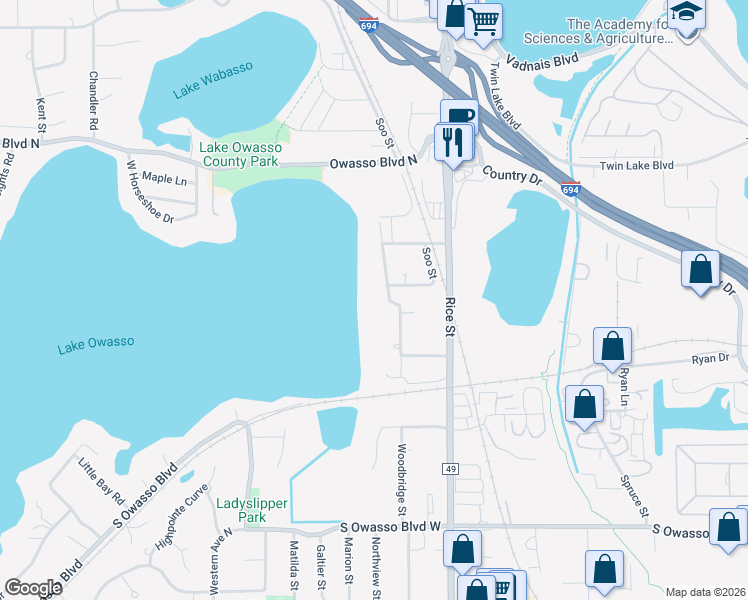 map of restaurants, bars, coffee shops, grocery stores, and more near 3225 Woodbridge Street in Shoreview
