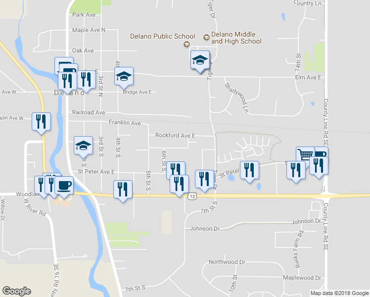 map of restaurants, bars, coffee shops, grocery stores, and more near 611 Freeman Avenue South in Delano