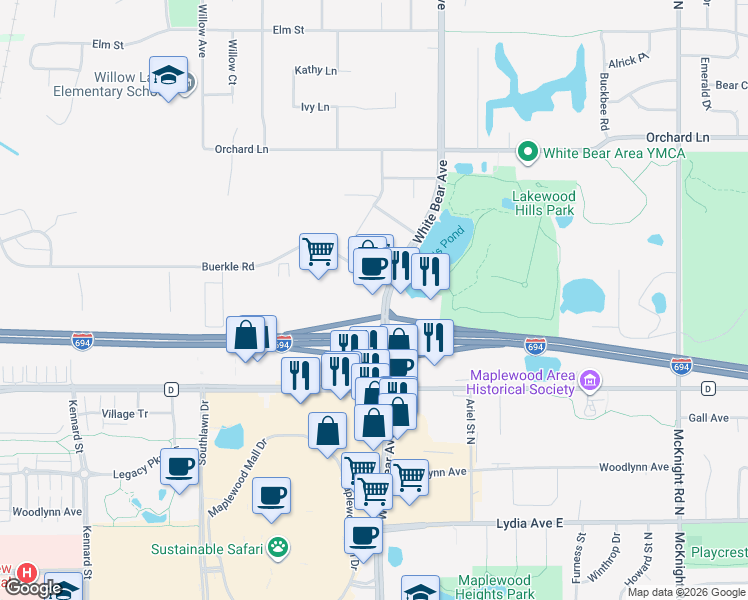 map of restaurants, bars, coffee shops, grocery stores, and more near 3201 White Bear Avenue in White Bear Lake