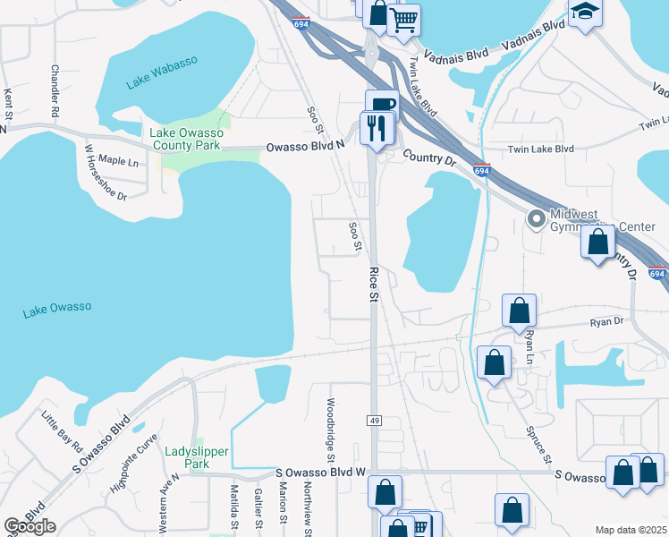 map of restaurants, bars, coffee shops, grocery stores, and more near 185 Edgewater Avenue in Shoreview