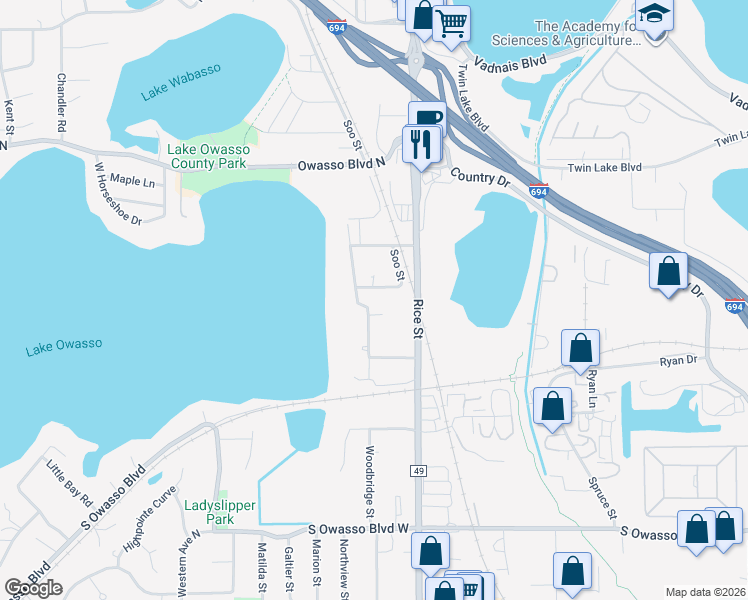 map of restaurants, bars, coffee shops, grocery stores, and more near 185 Edgewater Avenue in Shoreview
