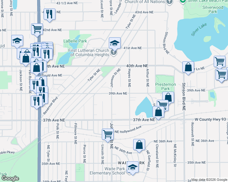 map of restaurants, bars, coffee shops, grocery stores, and more near 3919 Johnson Street Northeast in Minneapolis