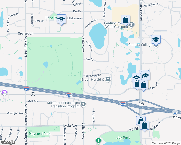 map of restaurants, bars, coffee shops, grocery stores, and more near 3220 Bellaire Avenue in White Bear Lake