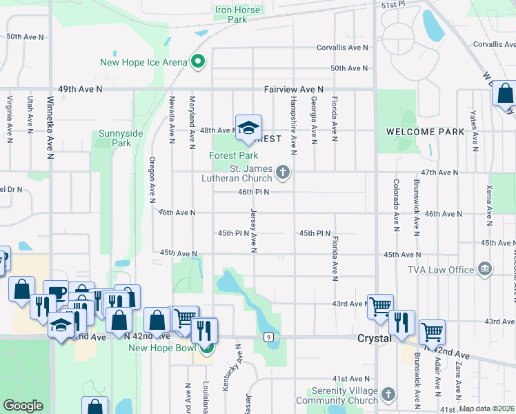map of restaurants, bars, coffee shops, grocery stores, and more near 4618 Jersey Avenue North in Minneapolis