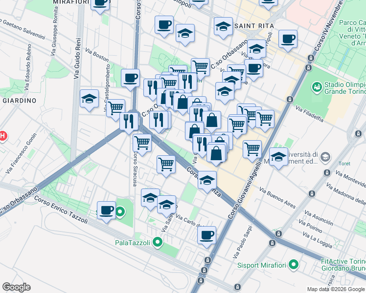 map of restaurants, bars, coffee shops, grocery stores, and more near 96 Via Buenos Aires in Turin