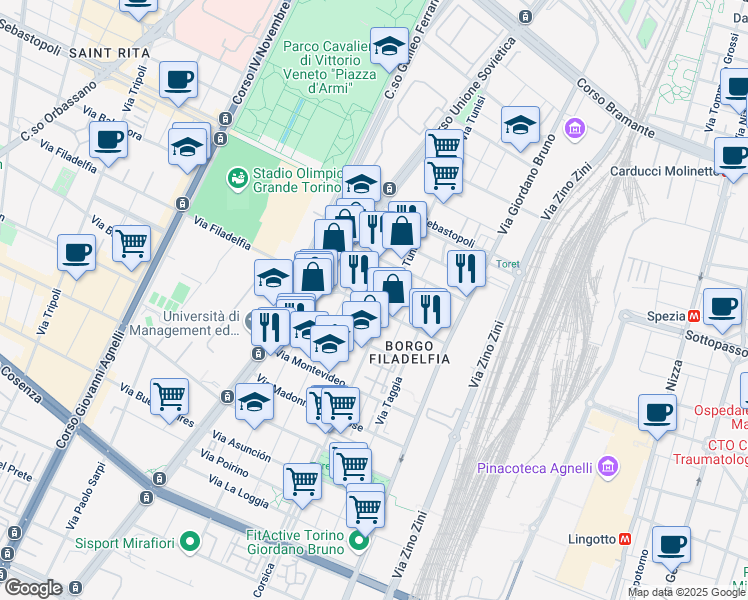 map of restaurants, bars, coffee shops, grocery stores, and more near 55 Via Filadelfia in Torino