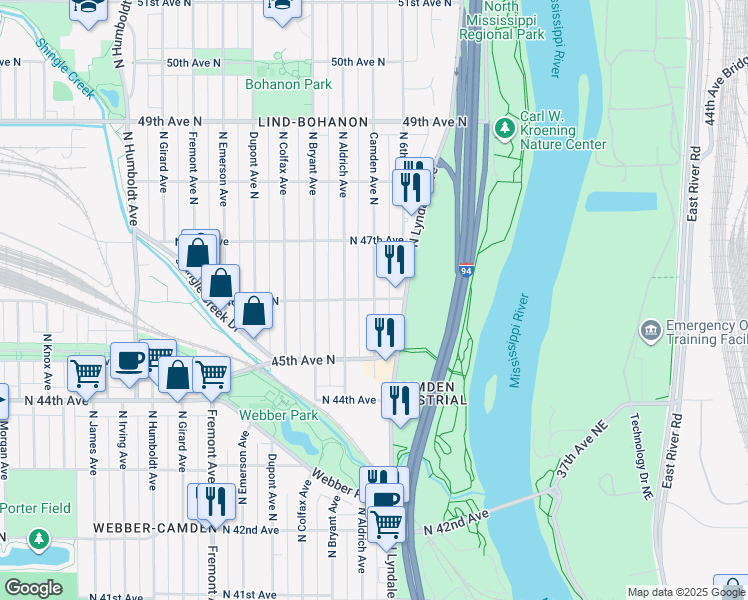 map of restaurants, bars, coffee shops, grocery stores, and more near 4550 North Camden Avenue in Minneapolis