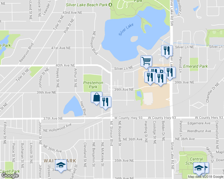 map of restaurants, bars, coffee shops, grocery stores, and more near 2405 39th Avenue Northeast in St. Anthony