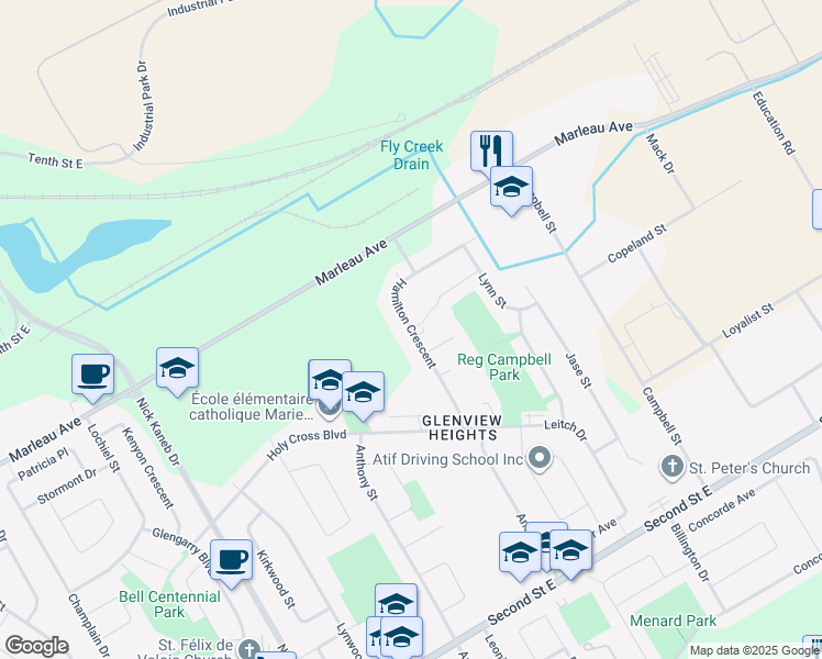 map of restaurants, bars, coffee shops, grocery stores, and more near 660 Hamilton Crescent in Cornwall
