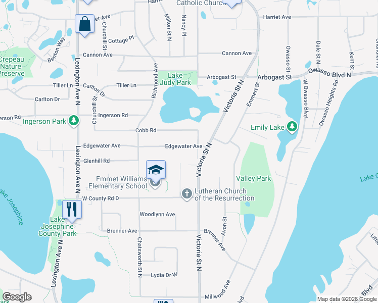 map of restaurants, bars, coffee shops, grocery stores, and more near 891 Edgewater Avenue in Shoreview
