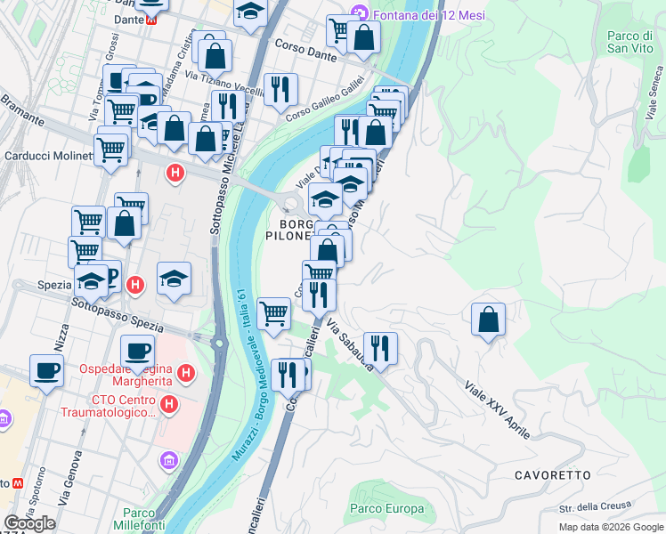 map of restaurants, bars, coffee shops, grocery stores, and more near 234 Corso Moncalieri in Torino