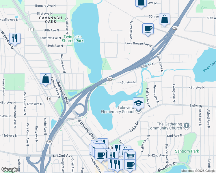 map of restaurants, bars, coffee shops, grocery stores, and more near 4299 46th Avenue North in Minneapolis