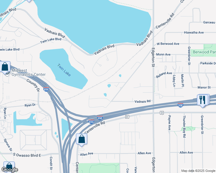 map of restaurants, bars, coffee shops, grocery stores, and more near 3205 Centerville Road in Vadnais Heights