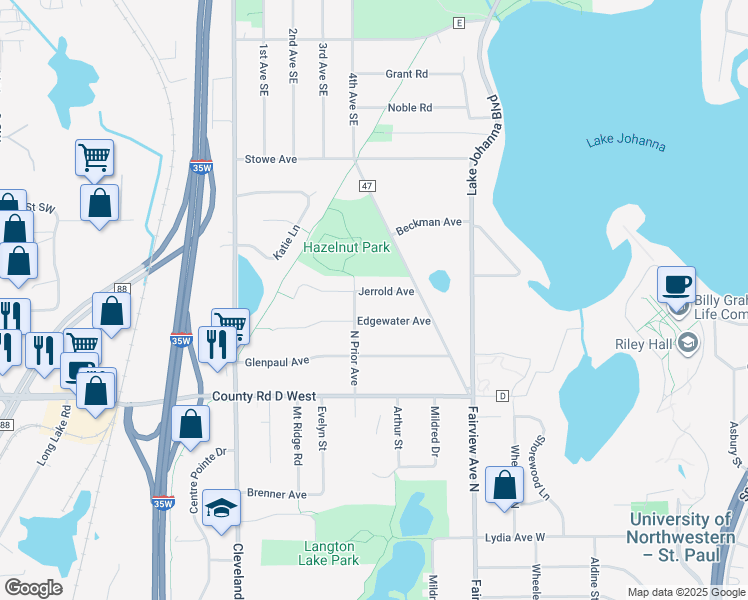map of restaurants, bars, coffee shops, grocery stores, and more near 1913 Jerrold Avenue in Arden Hills