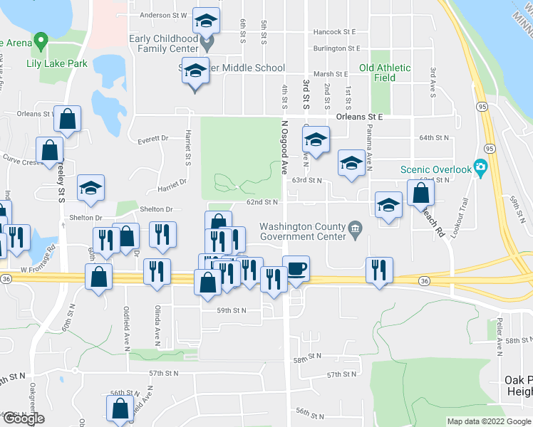 map of restaurants, bars, coffee shops, grocery stores, and more near 14707 62nd Street North in Stillwater