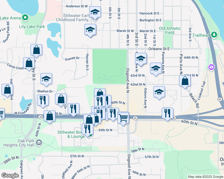 map of restaurants, bars, coffee shops, grocery stores, and more near 14625 62nd Street North in Stillwater
