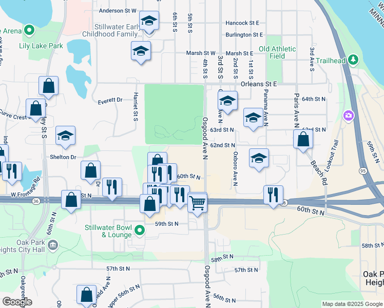 map of restaurants, bars, coffee shops, grocery stores, and more near 14779 62nd Street North in Stillwater