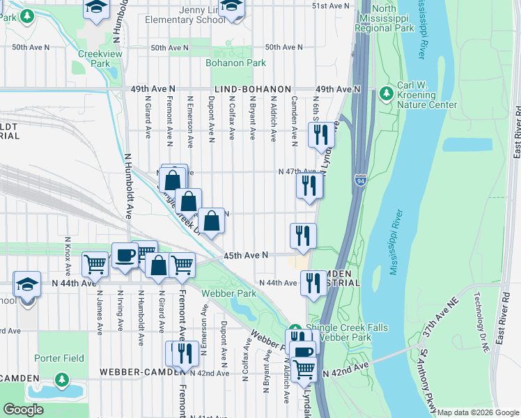 map of restaurants, bars, coffee shops, grocery stores, and more near 4618 North Bryant Avenue in Minneapolis