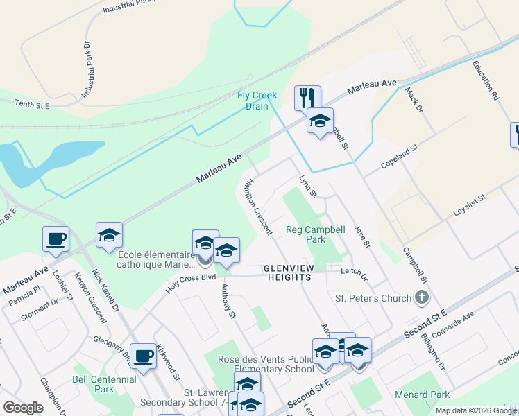 map of restaurants, bars, coffee shops, grocery stores, and more near 660 Hamilton Crescent in Cornwall