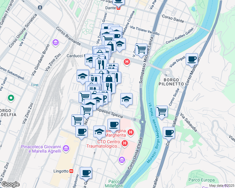 map of restaurants, bars, coffee shops, grocery stores, and more near 13 Via Cherasco in Torino