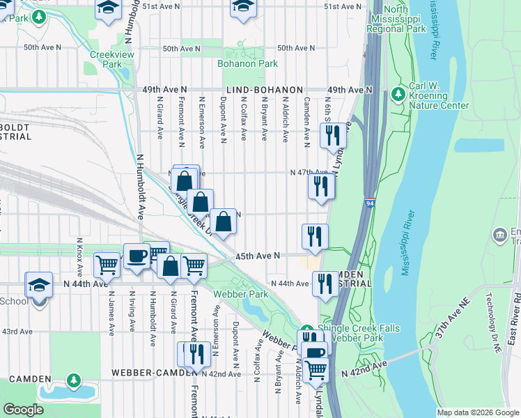 map of restaurants, bars, coffee shops, grocery stores, and more near 4607 Bryant Avenue North in Minneapolis