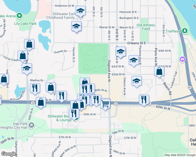 map of restaurants, bars, coffee shops, grocery stores, and more near 14651 62nd Street North in Stillwater