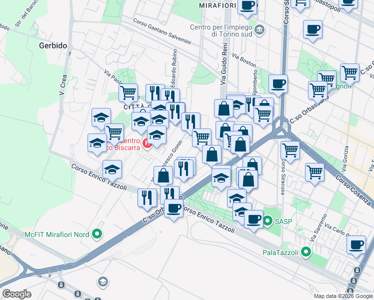map of restaurants, bars, coffee shops, grocery stores, and more near 4-10 Via Giorgio Bellono in Turin
